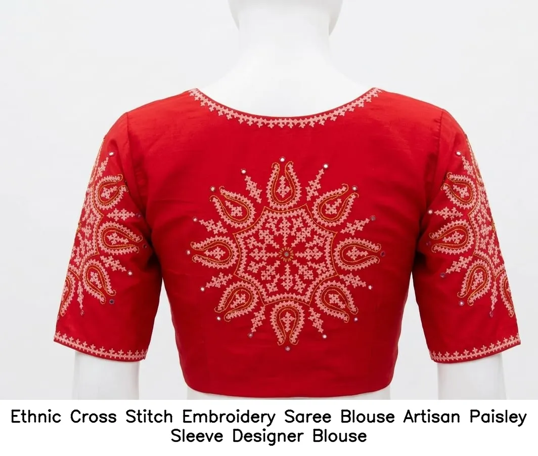 Ethnic Cross Stitch Embroidery Saree Blouse – Artisan Paisley Sleeve Designer Blouse