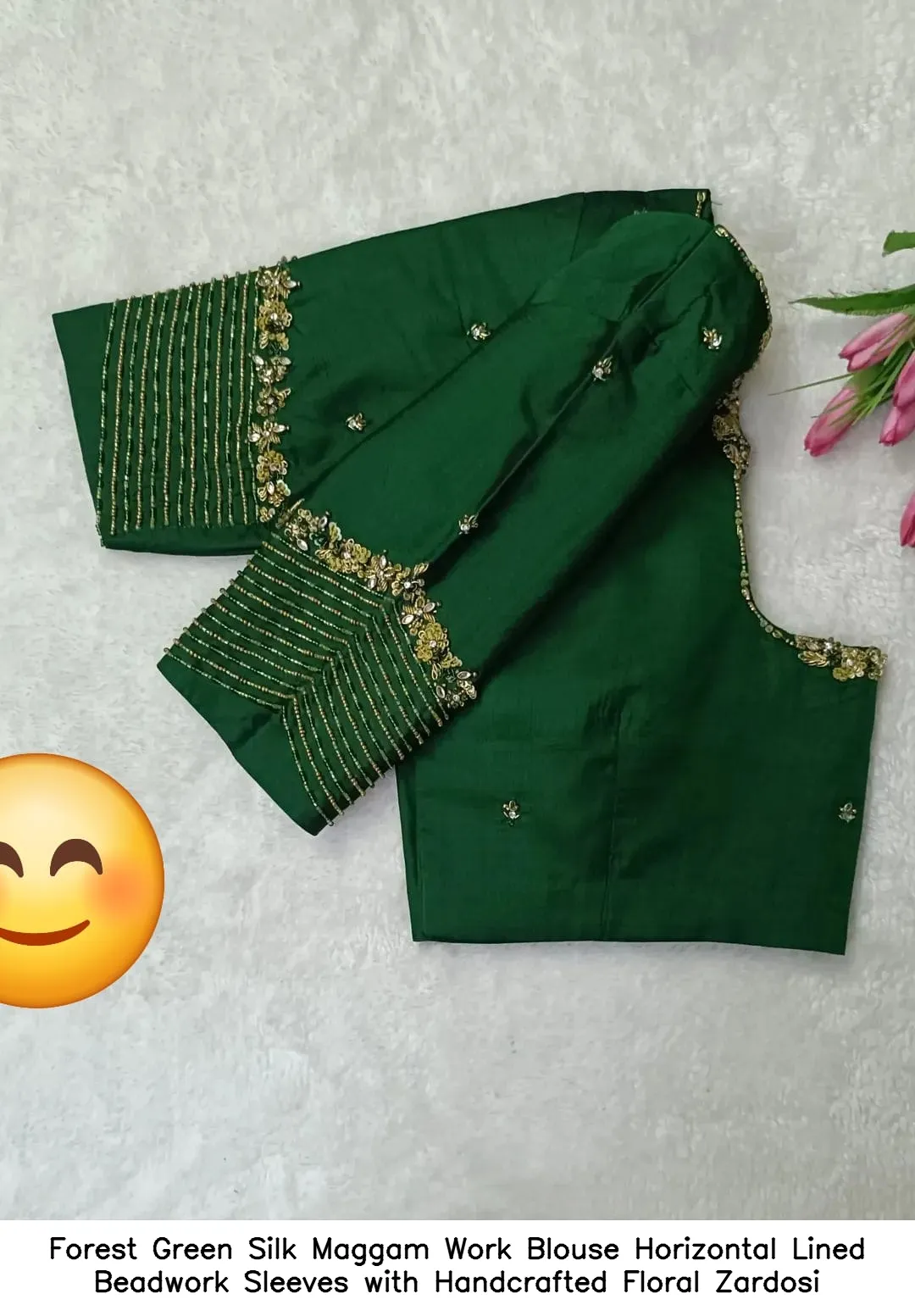 Forest Green Silk Maggam Work Blouse – Horizontal Lined Beadwork Sleeves with Handcrafted Floral Zardosi