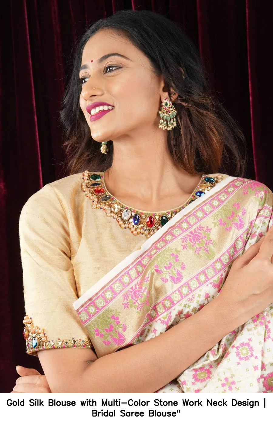 Gold Silk Blouse with Multi-Color Stone Work Neck Design | Bridal Saree Blouse"