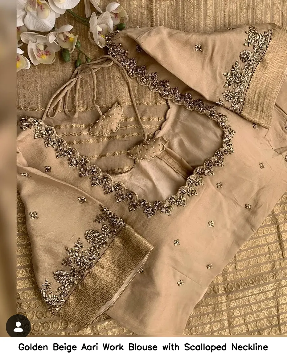 Golden Beige Aari Work Blouse with Scalloped Neckline