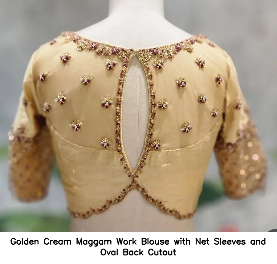 Golden Cream Maggam Work Blouse with Net Sleeves and Oval Back Cutout