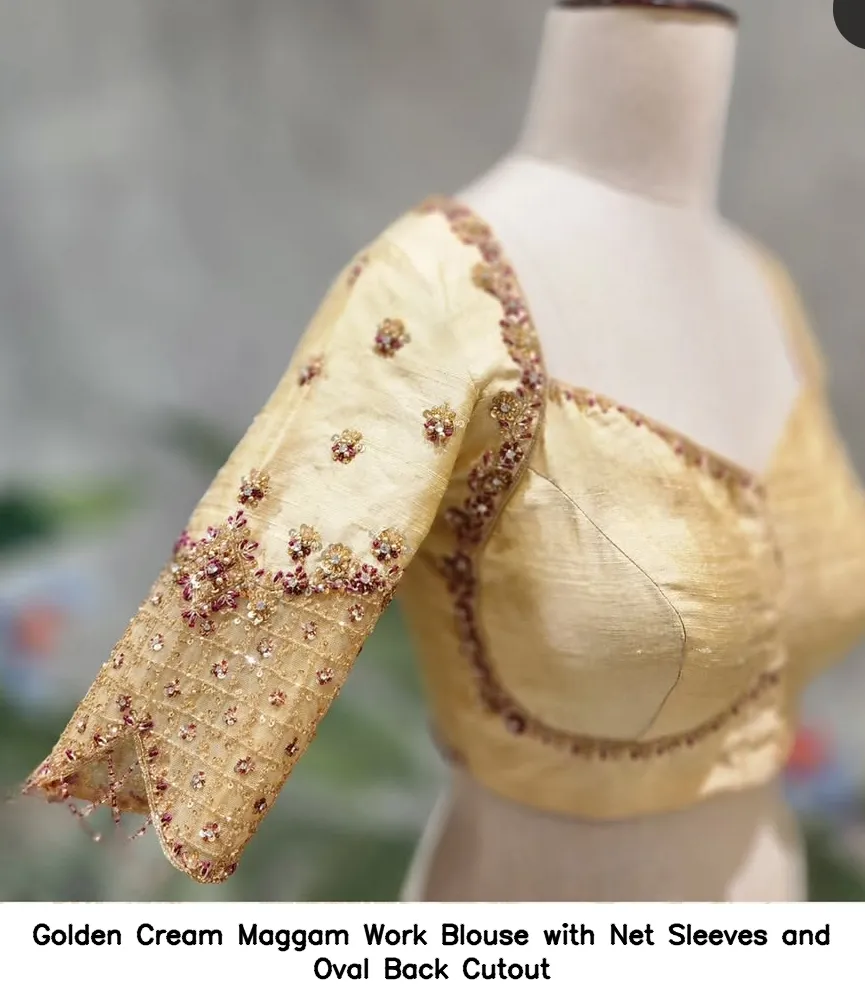 Golden Cream Maggam Work Blouse with Net Sleeves and Oval Back Cutout