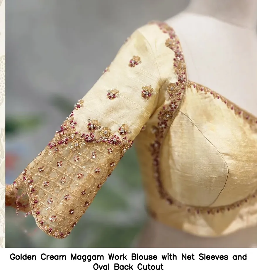 Golden Cream Maggam Work Blouse with Net Sleeves and Oval Back Cutout
