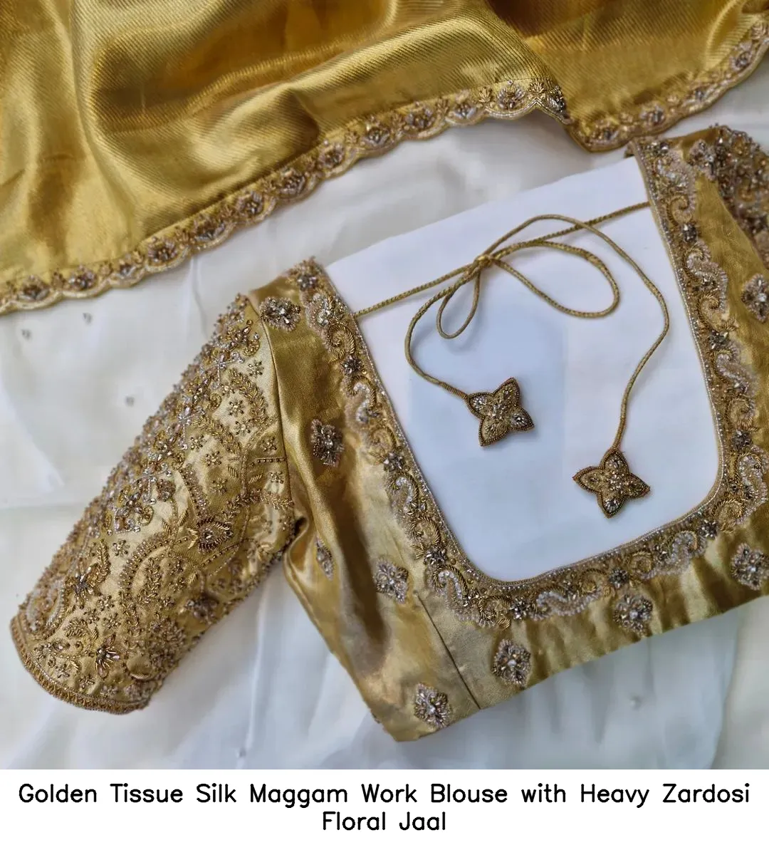 Golden Tissue Silk Maggam Work Blouse with Heavy Zardosi Floral Jaal
