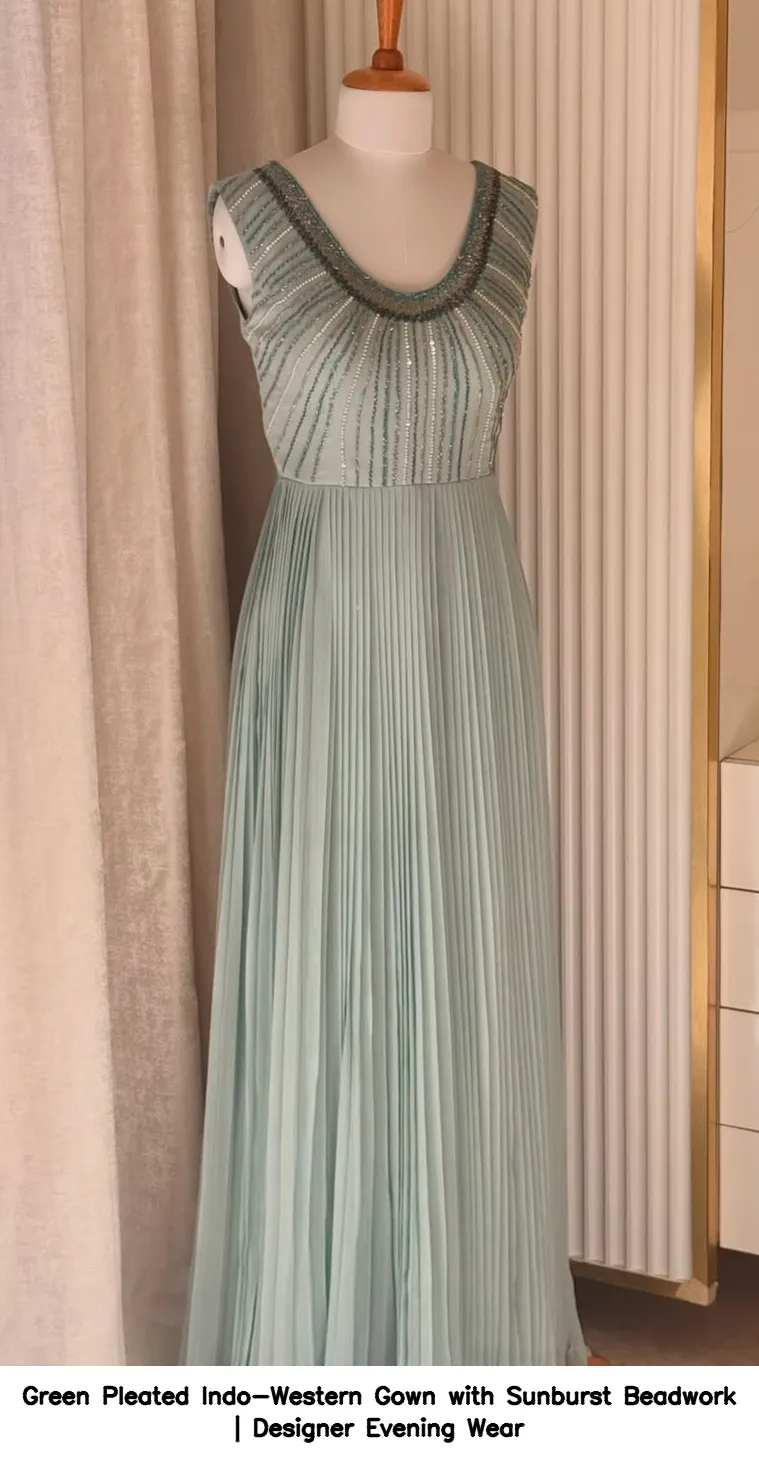 Green Pleated Indo-Western Gown with Sunburst Beadwork | Designer Evening Wear