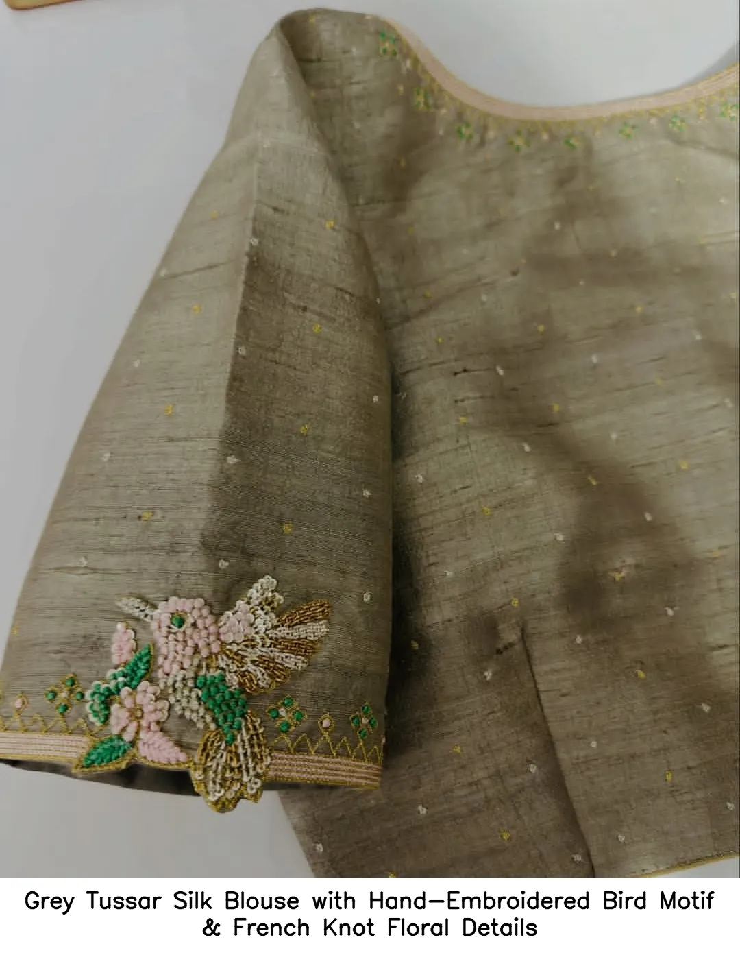 Grey Tussar Silk Blouse with Hand-Embroidered Bird Motif & French Knot Floral Details