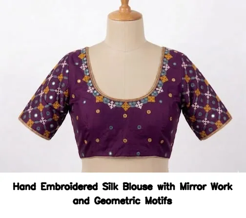 Hand Embroidered Silk Blouse with Mirror Work and Geometric Motifs