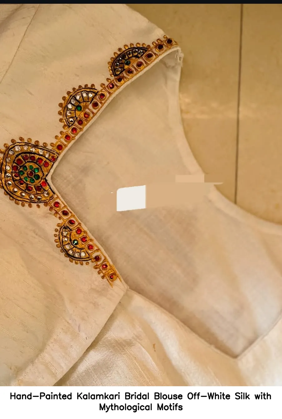 Hand-Painted Kalamkari Bridal Blouse Off-White Silk with Mythological Motifs