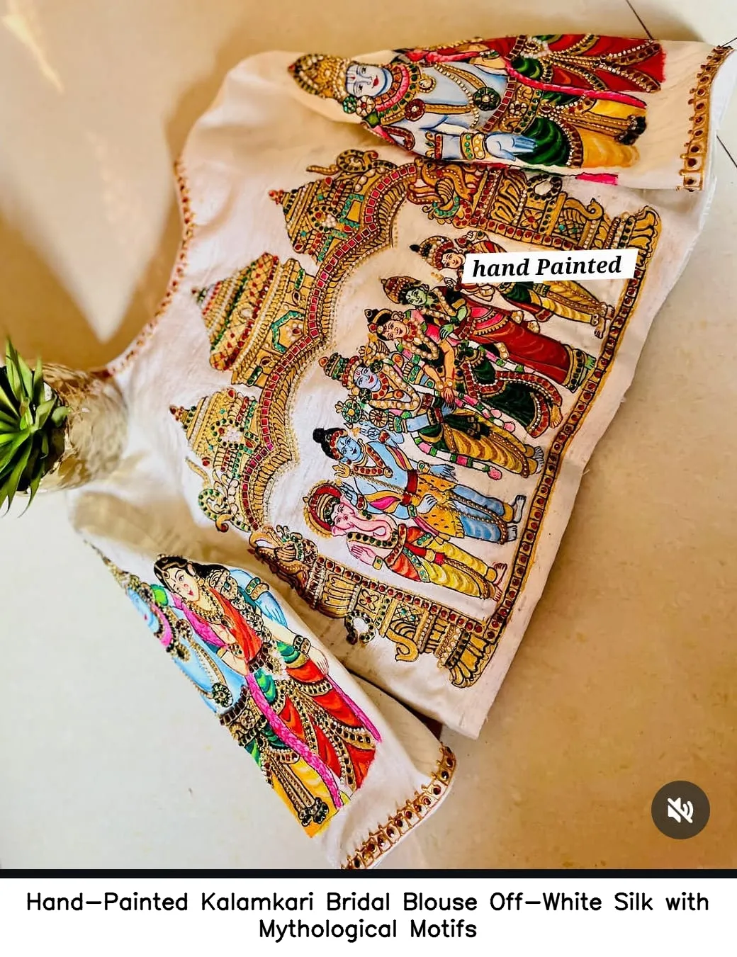 Hand-Painted Kalamkari Bridal Blouse Off-White Silk with Mythological Motifs