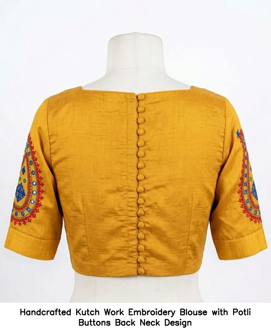 Handcrafted Kutch Work Embroidery Blouse with Potli Buttons Back Neck Design