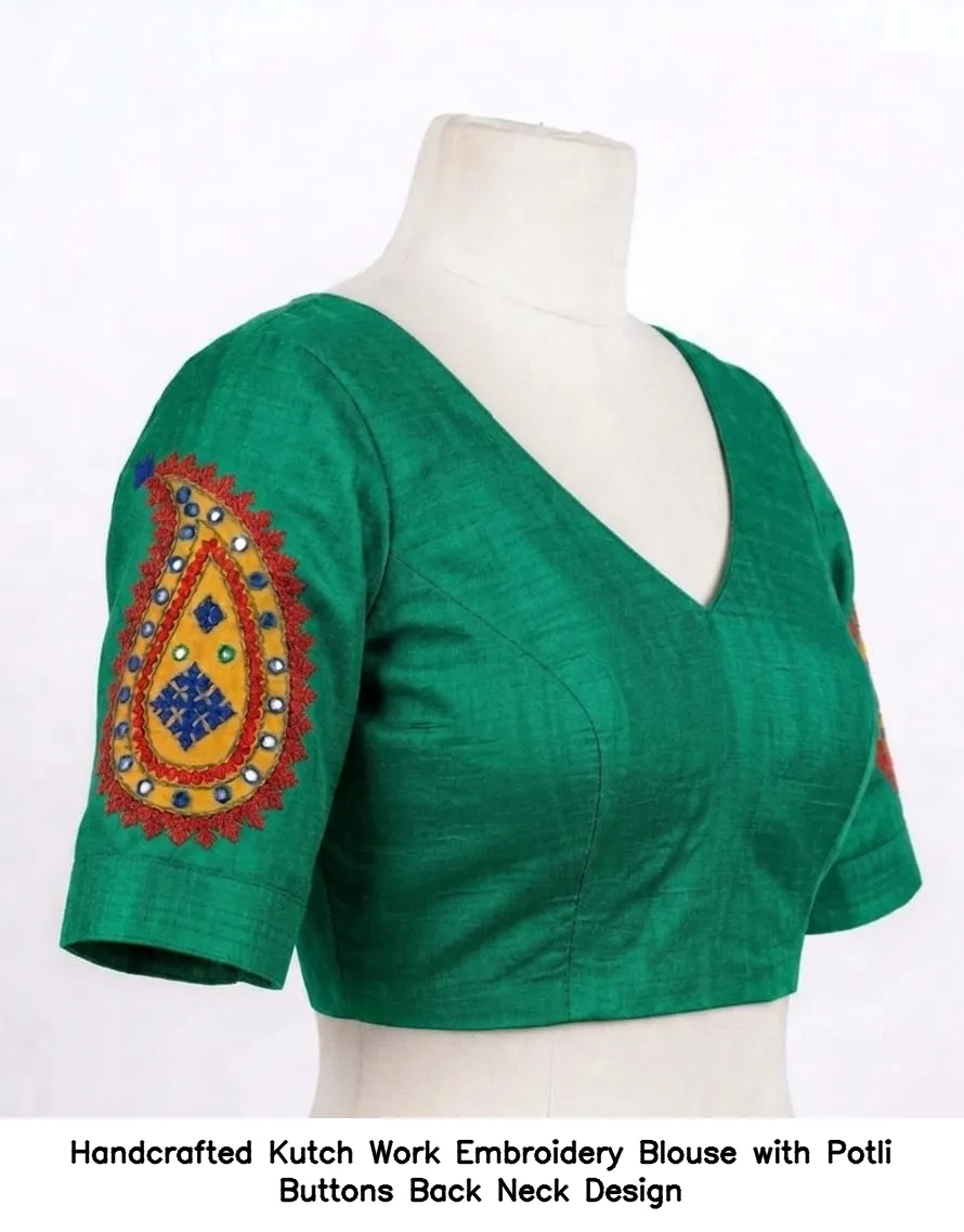 Handcrafted Kutch Work Embroidery Blouse with Potli Buttons Back Neck Design