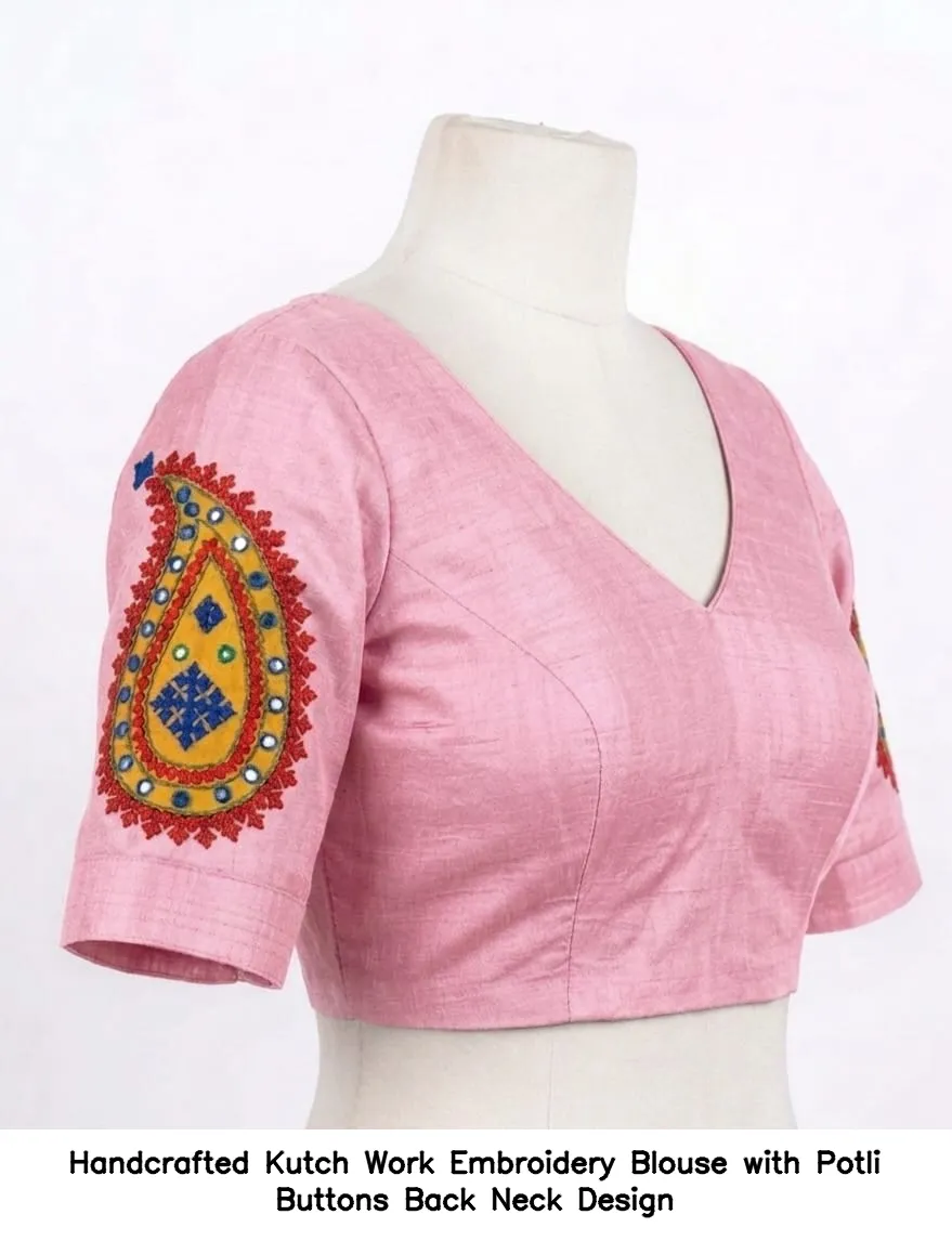 Handcrafted Kutch Work Embroidery Blouse with Potli Buttons Back Neck Design