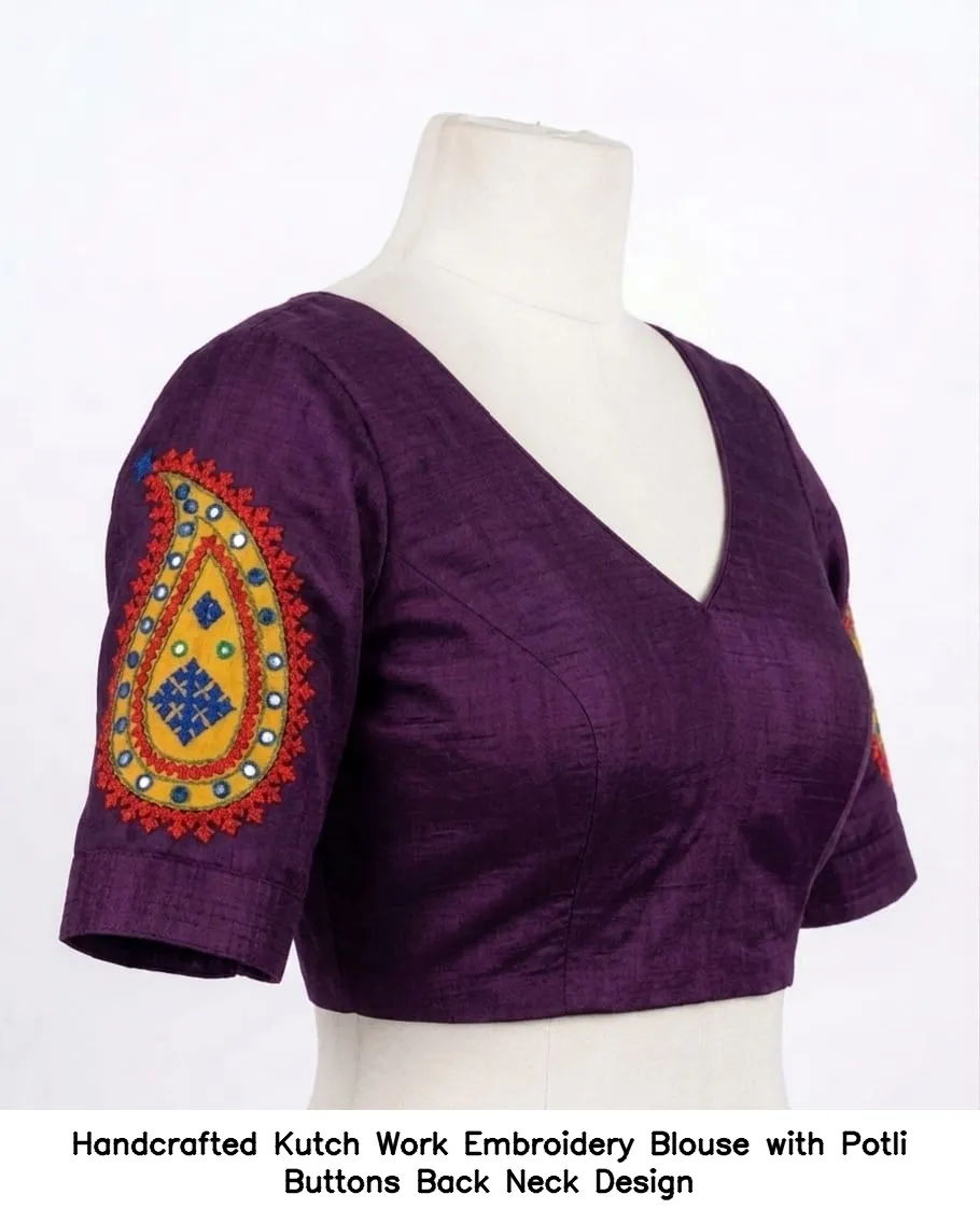 Handcrafted Kutch Work Embroidery Blouse with Potli Buttons Back Neck Design