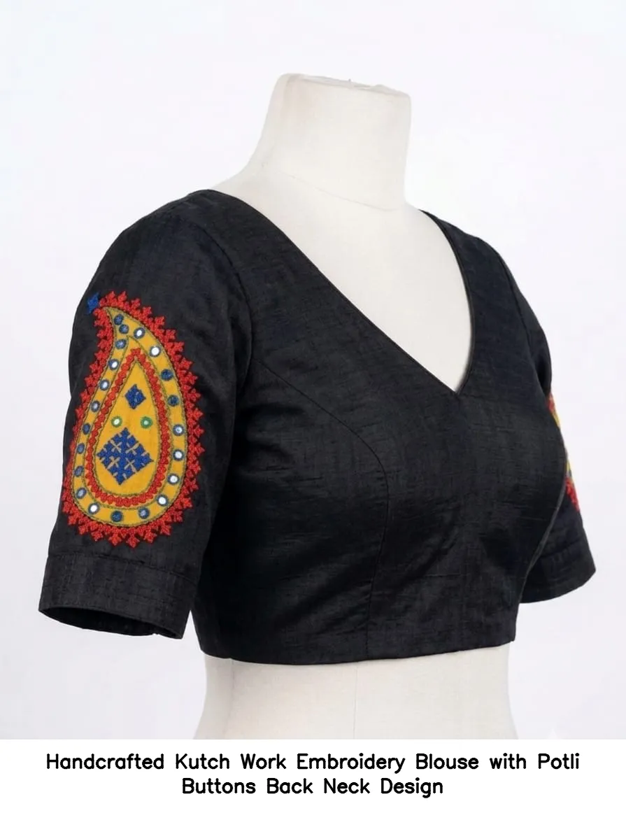 Handcrafted Kutch Work Embroidery Blouse with Potli Buttons Back Neck Design