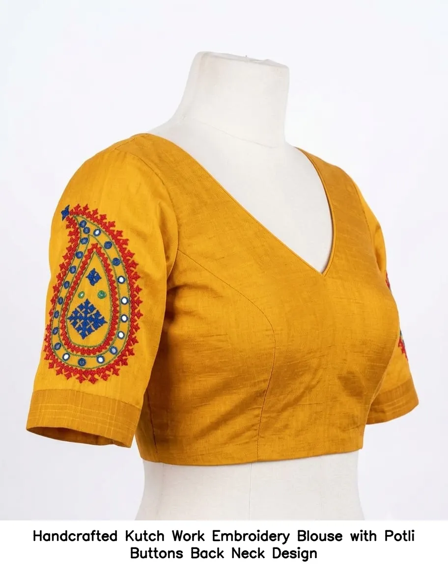 Handcrafted Kutch Work Embroidery Blouse with Potli Buttons Back Neck Design
