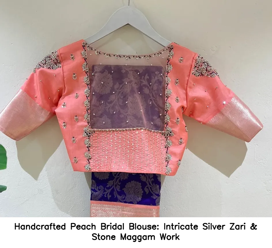 Handcrafted Peach Bridal Blouse: Intricate Silver Zari & Stone Maggam Work