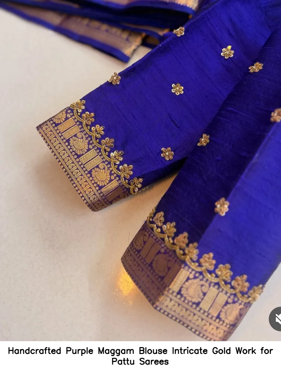 Handcrafted Purple Maggam Blouse – Intricate Gold Work for Pattu Sarees