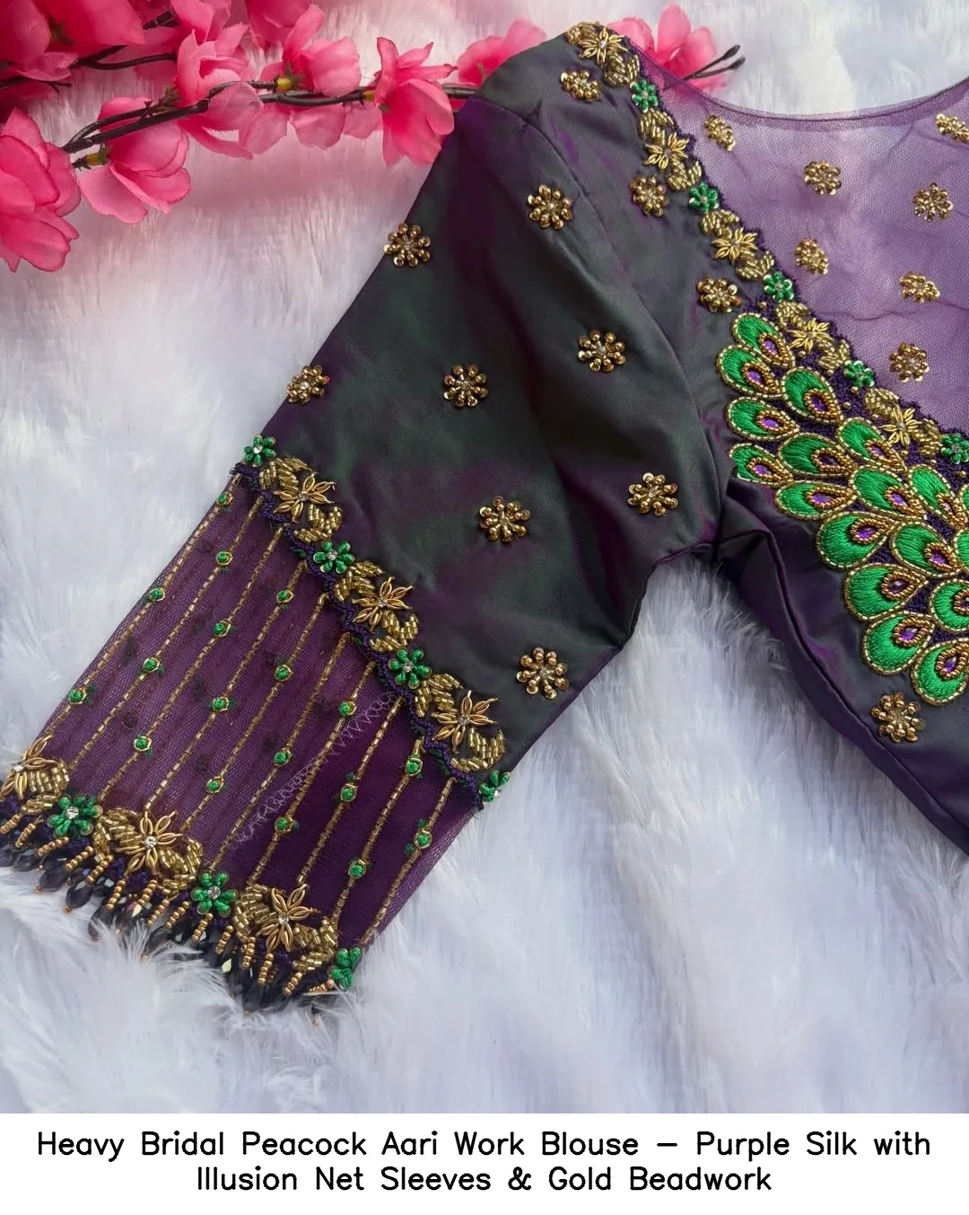 Heavy Bridal Peacock Aari Work Blouse - Purple Silk with Illusion Net Sleeves & Gold Beadwork