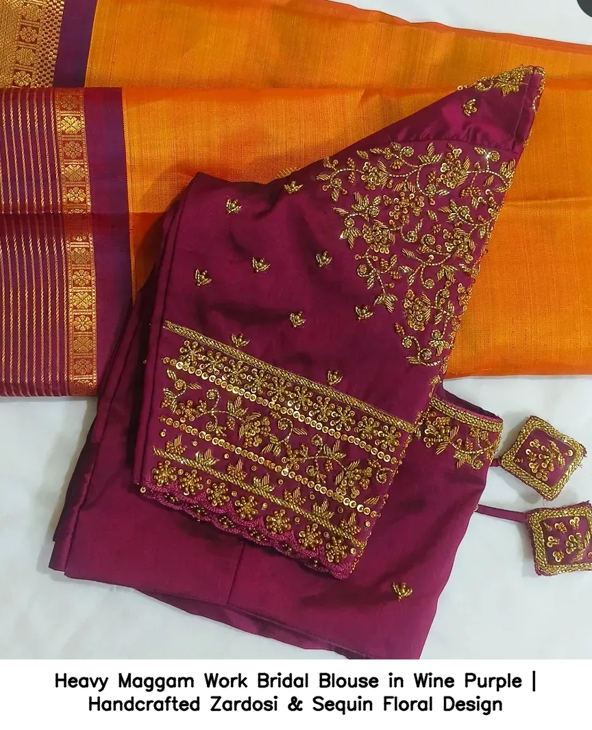 Heavy Maggam Work Bridal Blouse in Wine Purple | Handcrafted Zardosi & Sequin Floral Design