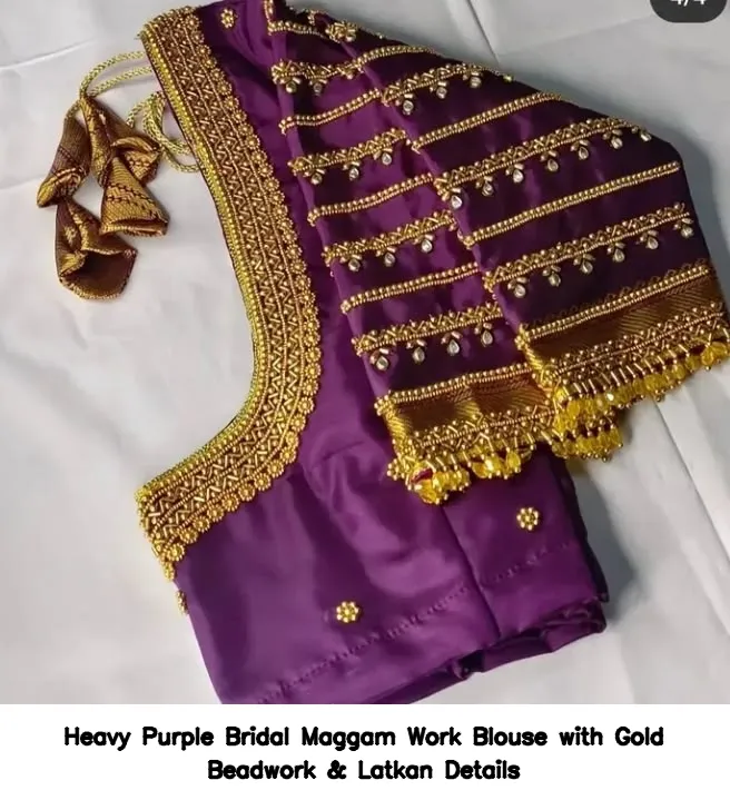 Heavy Purple Bridal Maggam Work Blouse with Gold Beadwork & Latkan Details