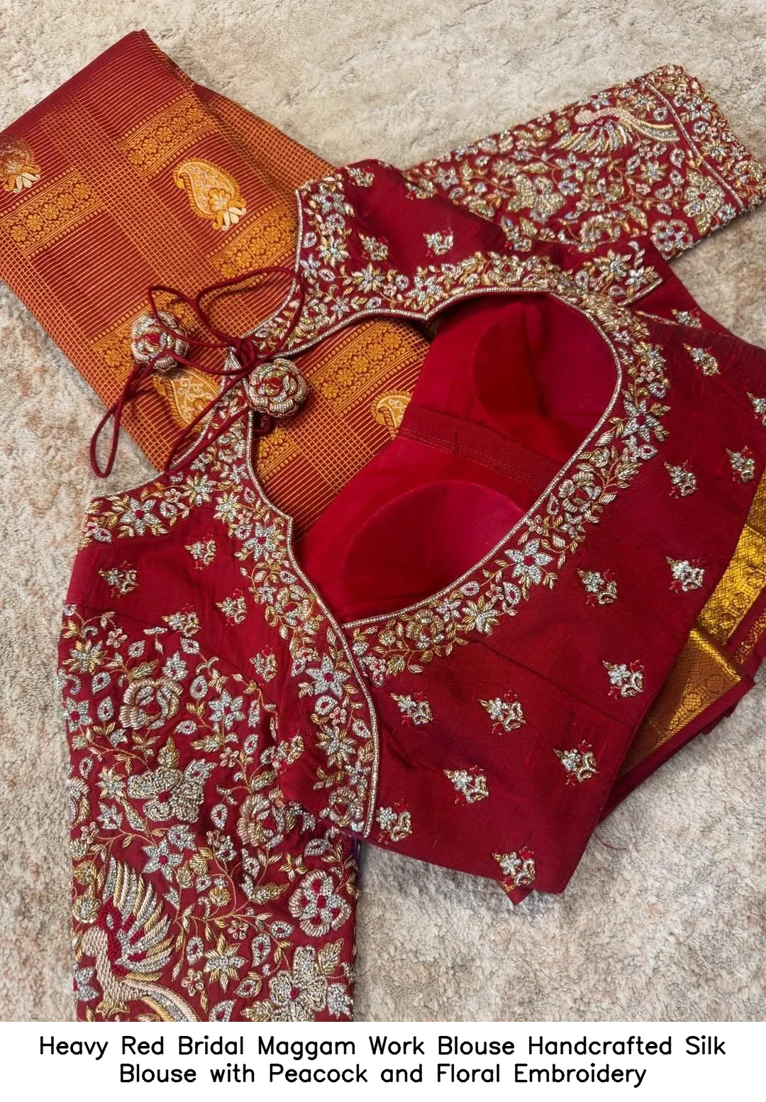 Heavy Red Bridal Maggam Work Blouse – Handcrafted Silk Blouse with Peacock and Floral Embroidery