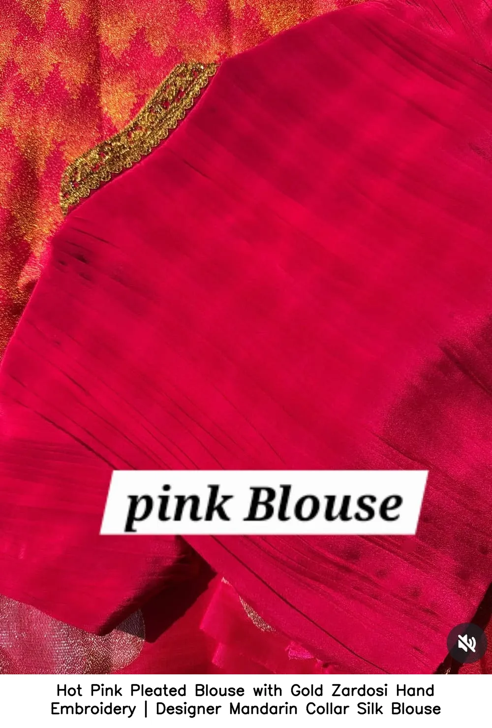 Hot Pink Pleated Blouse with Gold Zardosi Hand Embroidery | Designer Mandarin Collar Silk Blouse