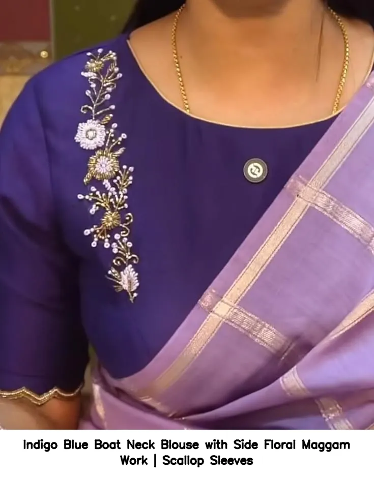 Indigo Blue Boat Neck Blouse with Side Floral Maggam Work | Scallop Sleeves