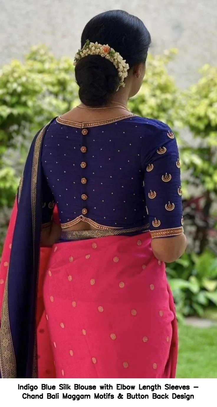 Indigo Blue Silk Blouse with Elbow Length Sleeves - Chand Bali Maggam Motifs & Button Back Design