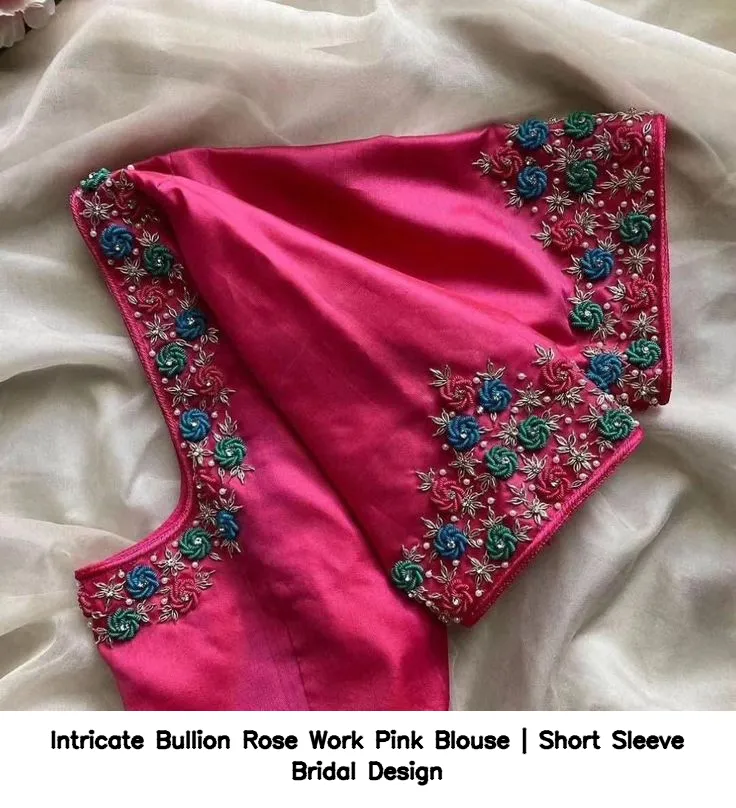 Intricate Bullion Rose Work Pink Blouse | Short Sleeve Bridal Design