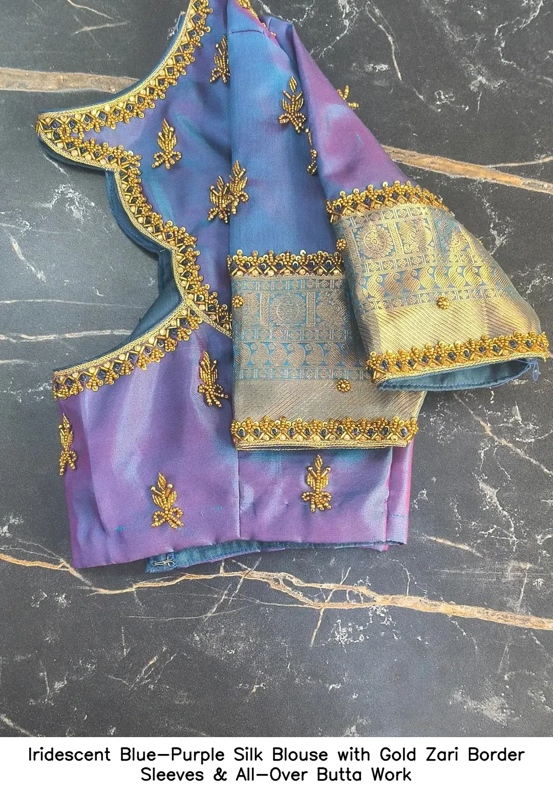 Iridescent Blue-Purple Silk Blouse with Gold Zari Border Sleeves & All-Over Butta Work