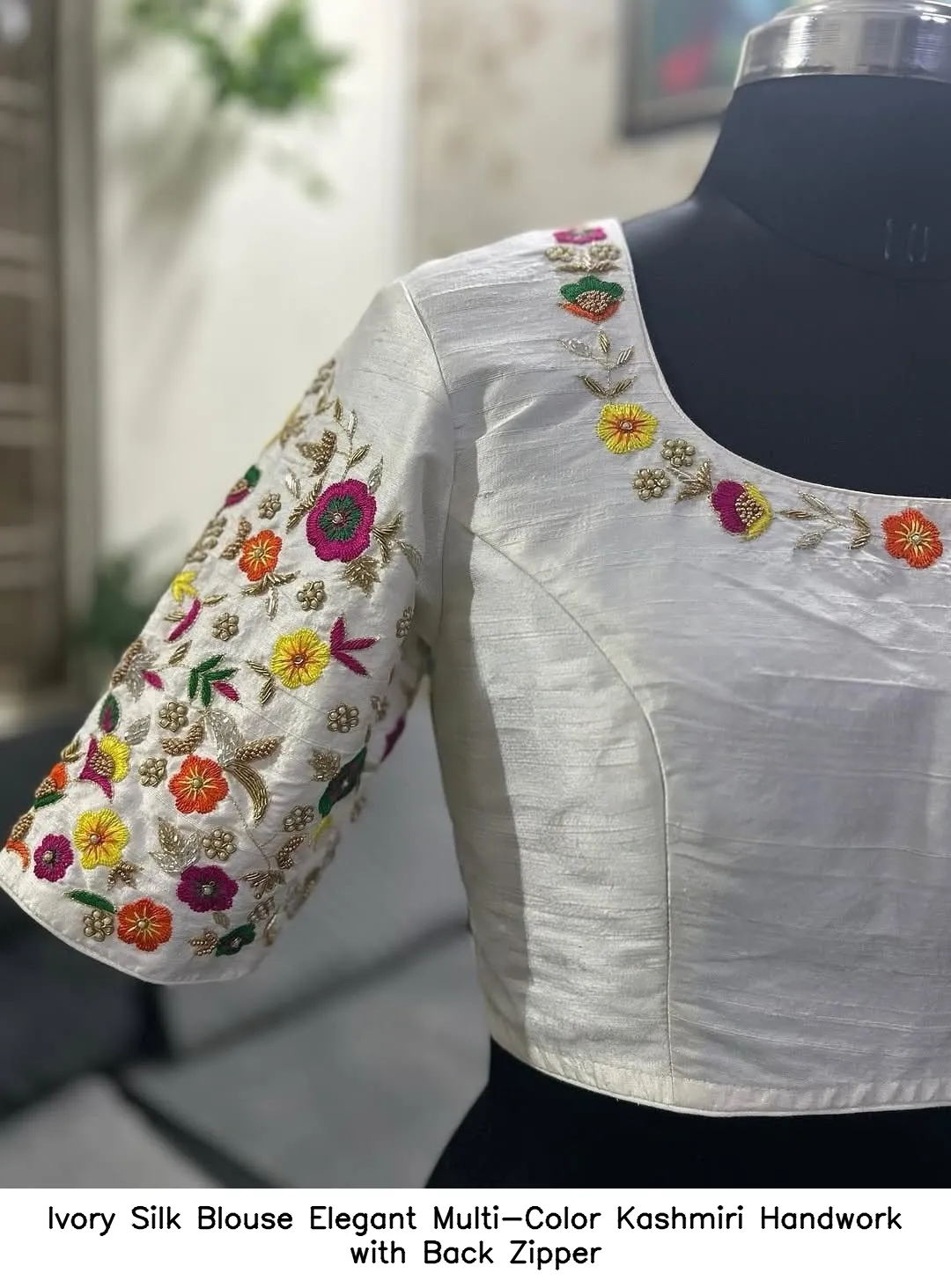Ivory Silk Blouse – Elegant Multi-Color Kashmiri Handwork with Back Zipper
