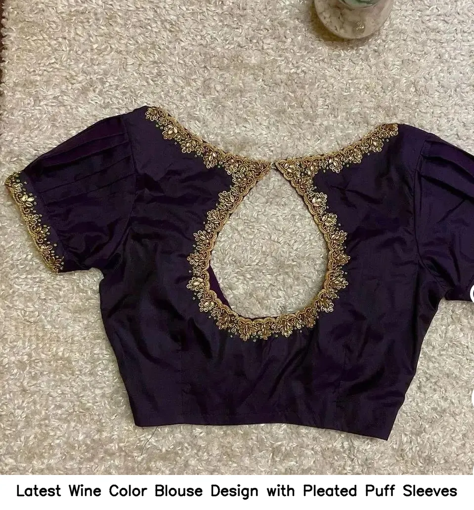 Latest Wine Color Blouse Design with Pleated Puff Sleeves
