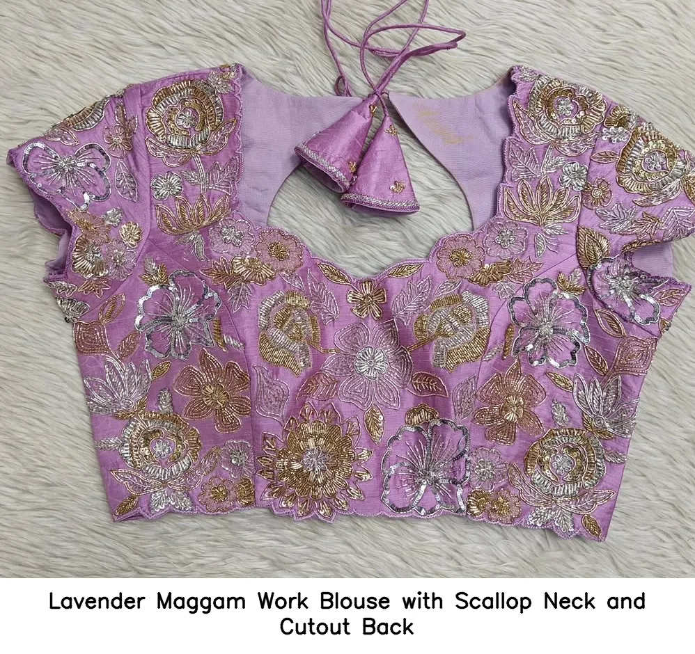 Lavender Maggam Work Blouse with Scallop Neck and Cutout Back