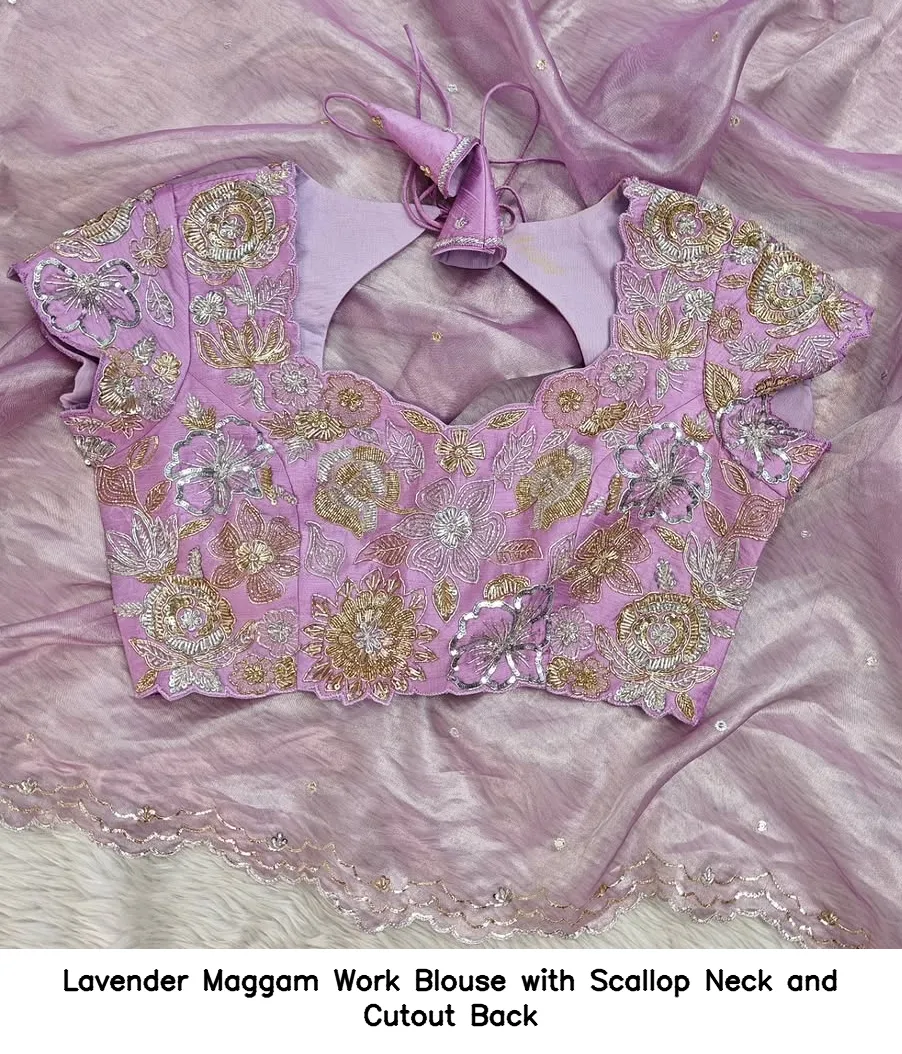 Lavender Maggam Work Blouse with Scallop Neck and Cutout Back