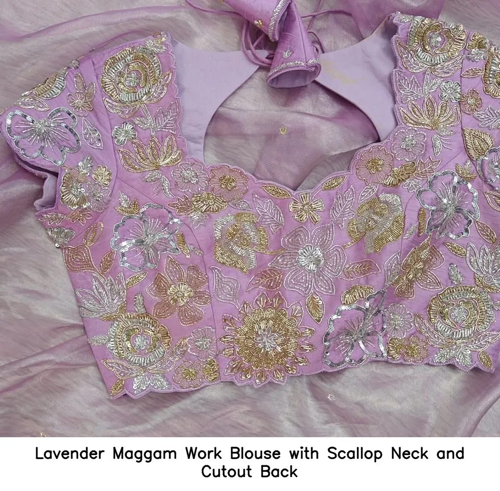 Lavender Maggam Work Blouse with Scallop Neck and Cutout Back