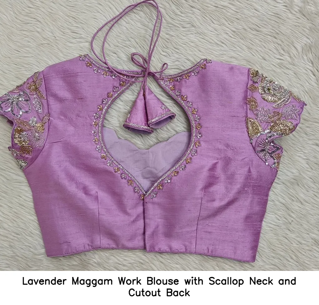 Lavender Maggam Work Blouse with Scallop Neck and Cutout Back