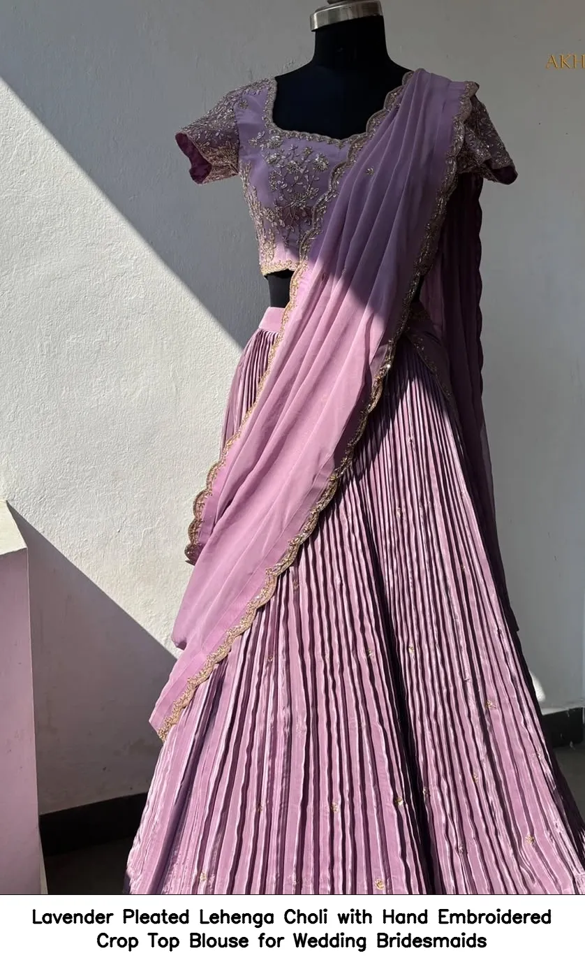 Lavender Pleated Lehenga Choli with Hand Embroidered Crop Top Blouse for Wedding Bridesmaids