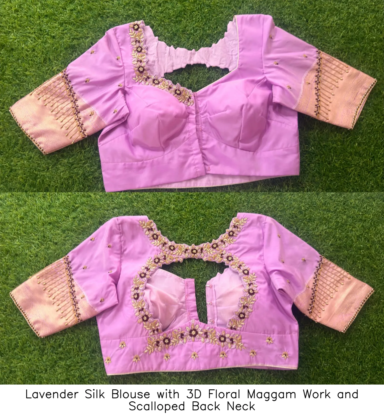 Lavender Silk Blouse with 3D Floral Maggam Work and Scalloped Back Neck