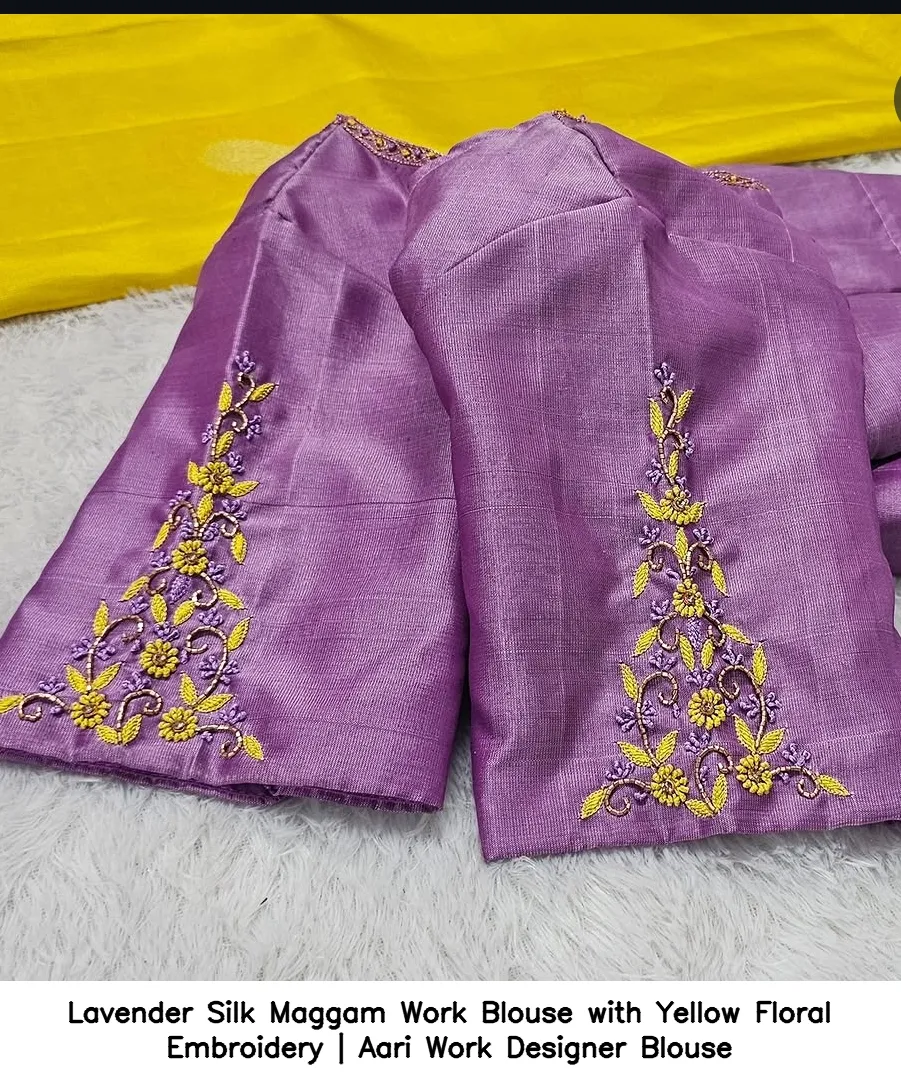 Lavender Silk Maggam Work Blouse with Yellow Floral Embroidery | Aari Work Designer Blouse