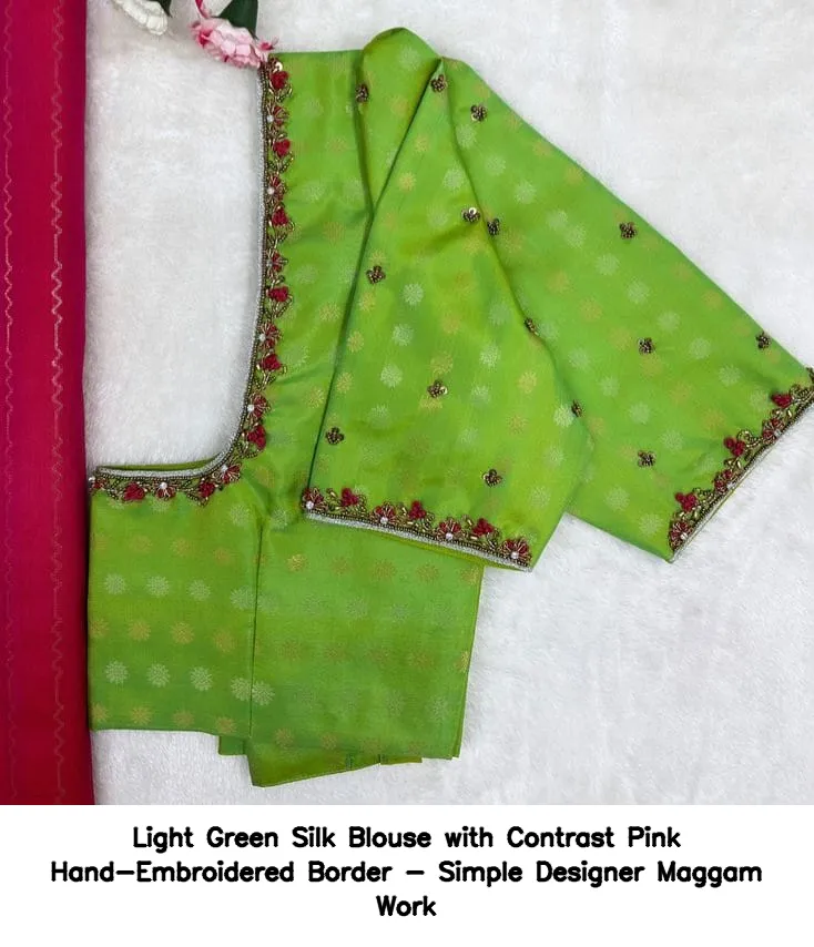 Light Green Silk Blouse with Contrast Pink Hand-Embroidered Border - Simple Designer Maggam Work
