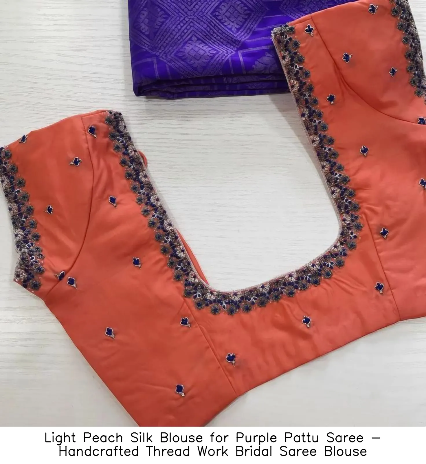 Light Peach Silk Blouse for Purple Pattu Saree - Handcrafted Thread Work Bridal Saree Blouse