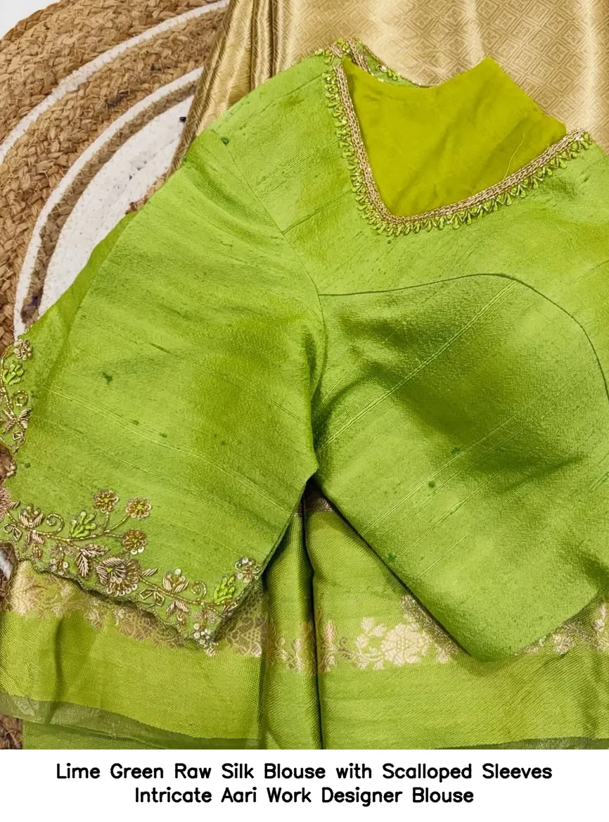Lime Green Raw Silk Blouse with Scalloped Sleeves – Intricate Aari Work Designer Blouse