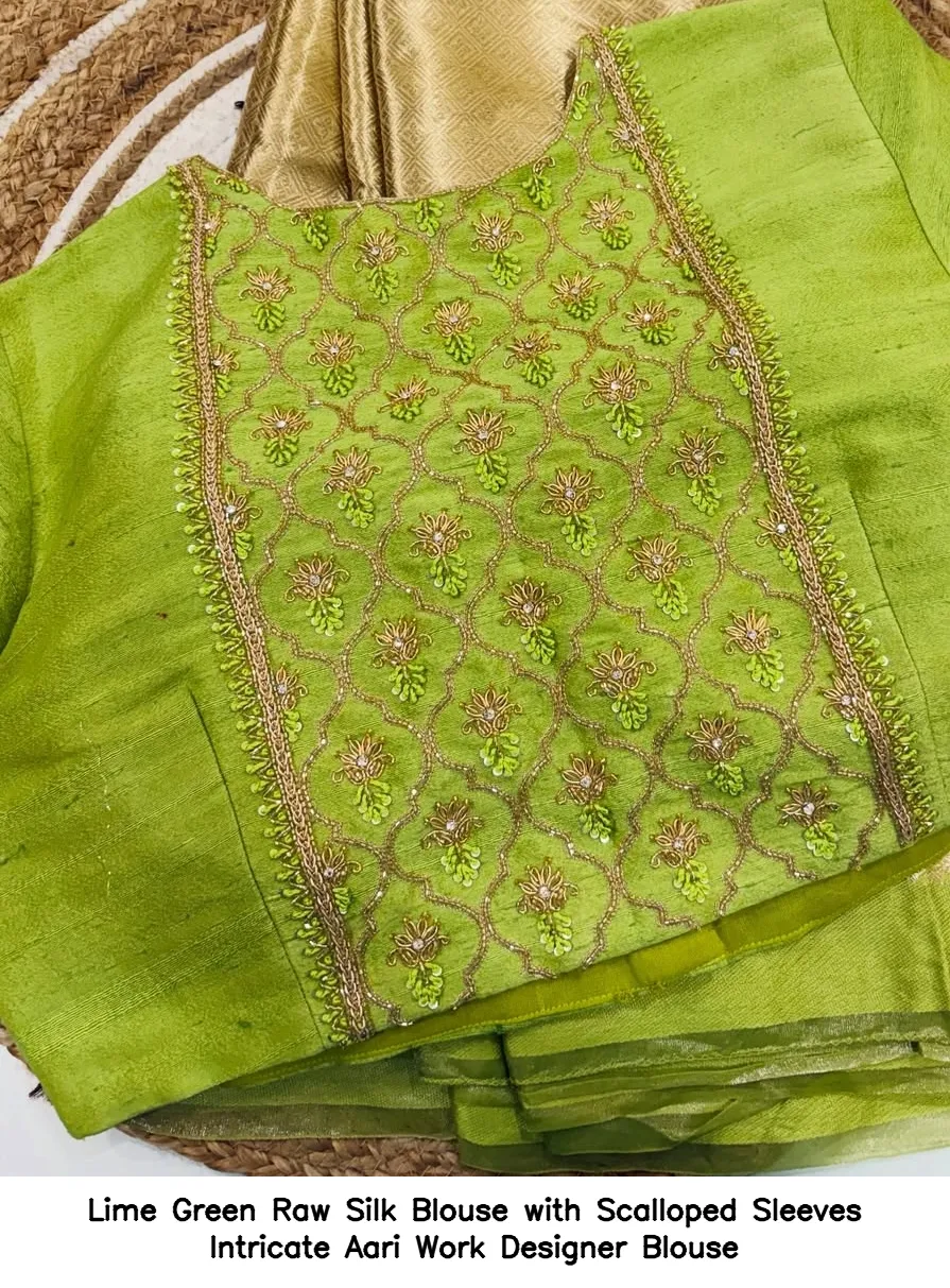 Lime Green Raw Silk Blouse with Scalloped Sleeves – Intricate Aari Work Designer Blouse