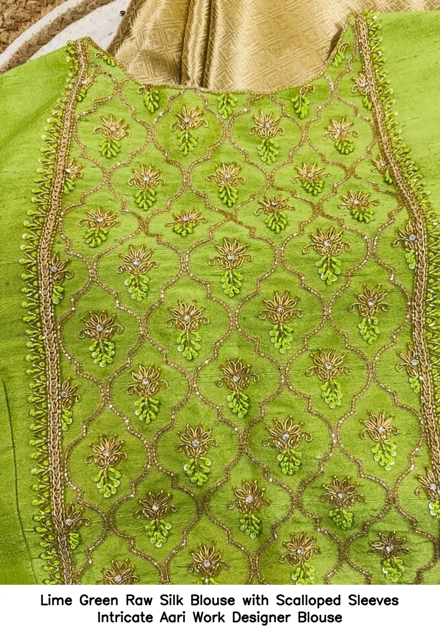 Lime Green Raw Silk Blouse with Scalloped Sleeves – Intricate Aari Work Designer Blouse