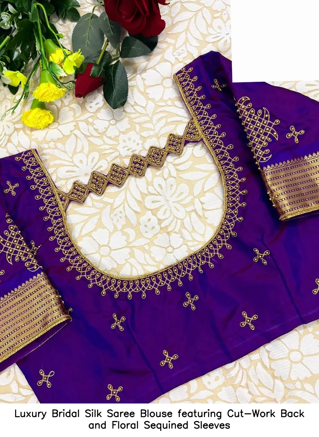 Luxury Bridal Silk Saree Blouse featuring Cut-Work Back and Floral Sequined Sleeves