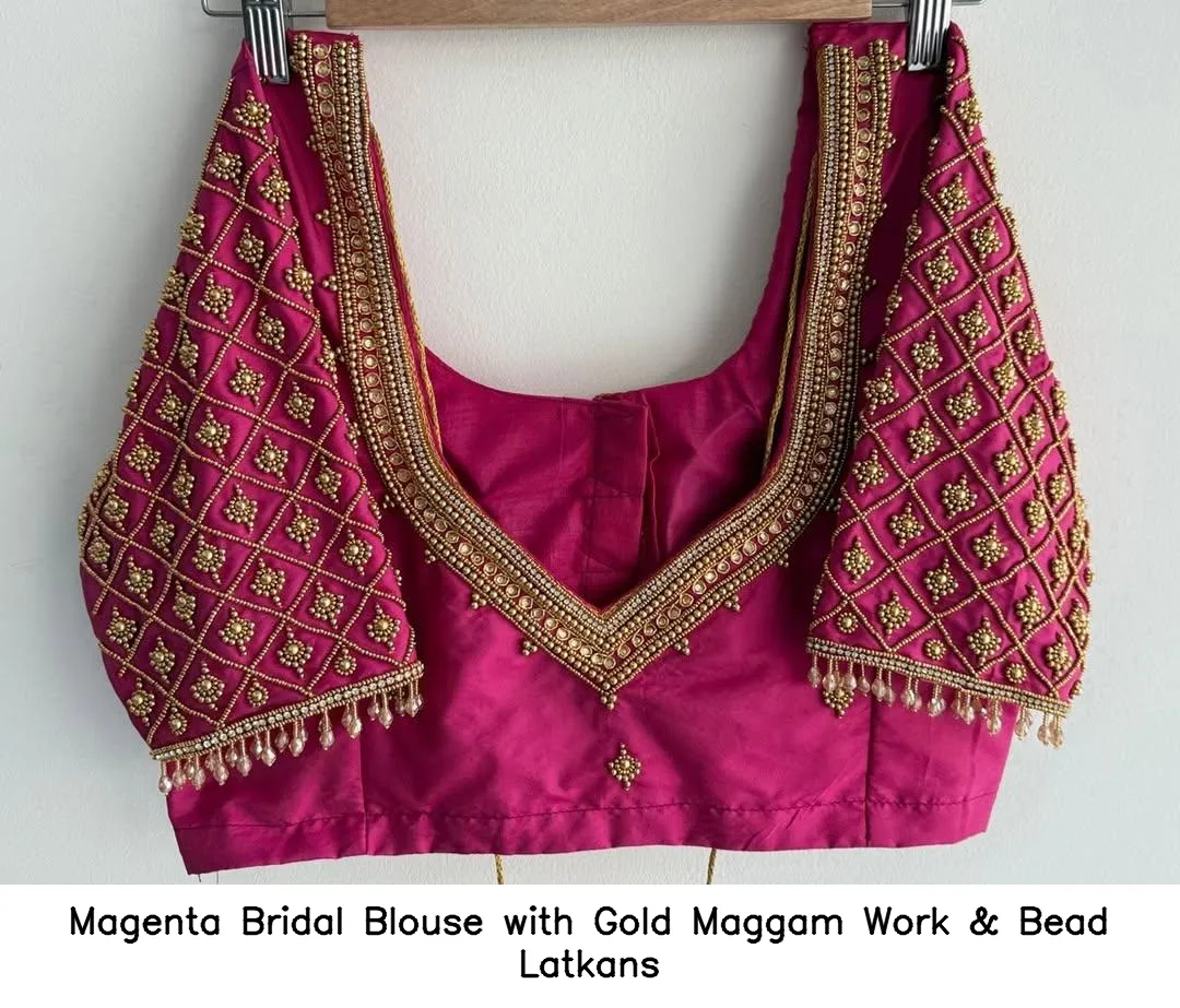 Magenta Bridal Blouse with Gold Maggam Work & Bead Latkans