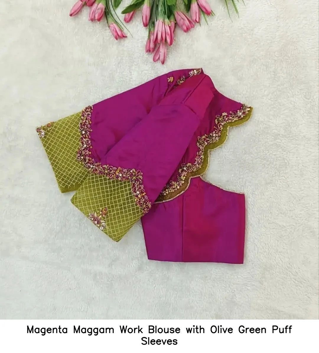Magenta Maggam Work Blouse with Olive Green Puff Sleeves