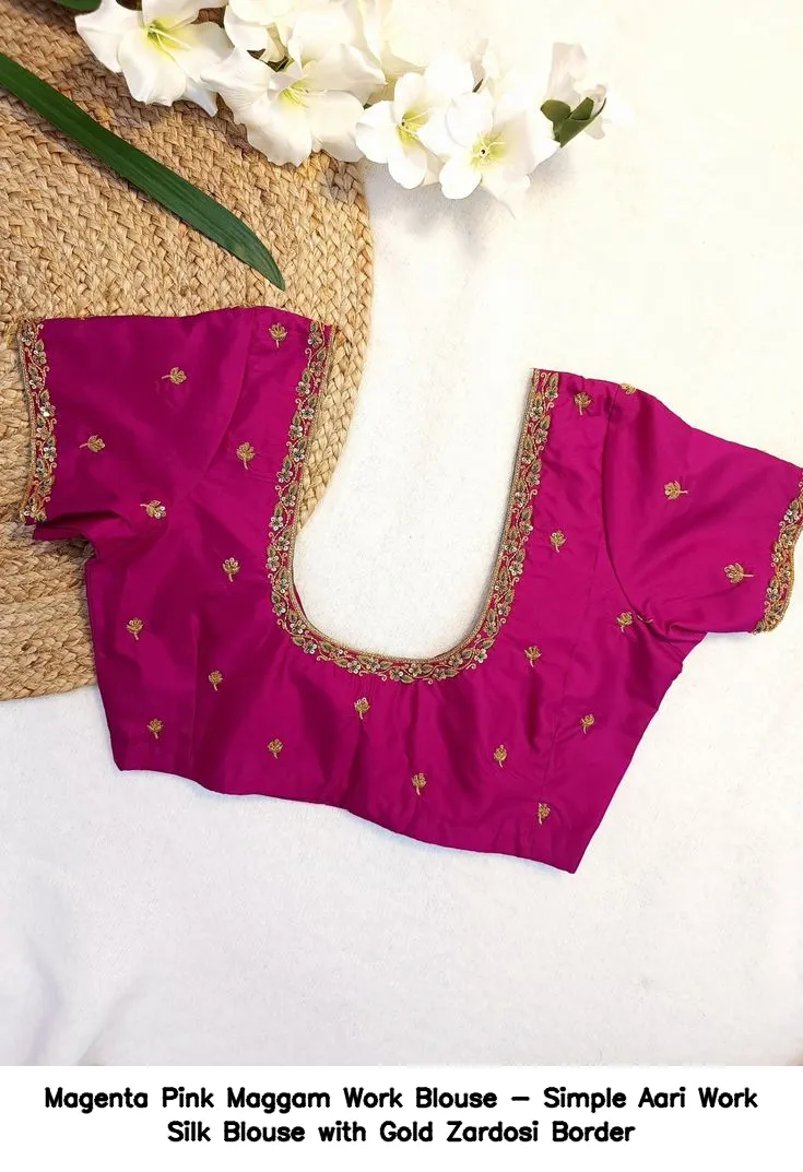 Magenta Pink Maggam Work Blouse - Simple Aari Work Silk Blouse with Gold Zardosi Border