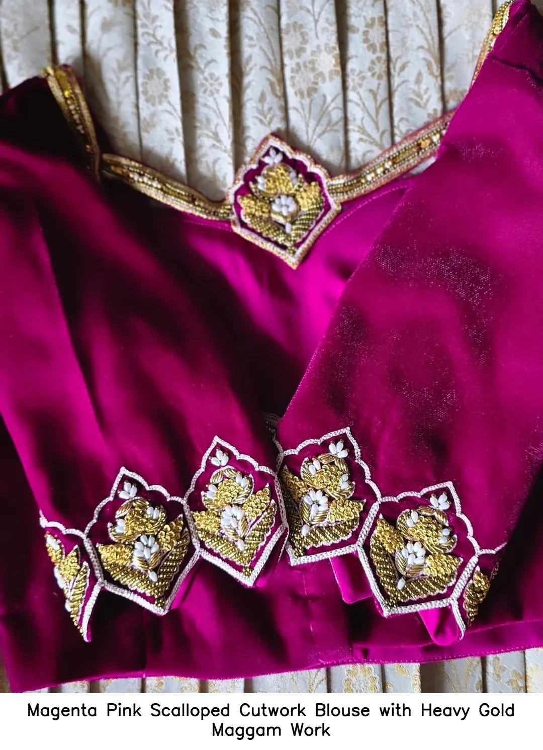 Magenta Pink Scalloped Cutwork Blouse with Heavy Gold Maggam Work