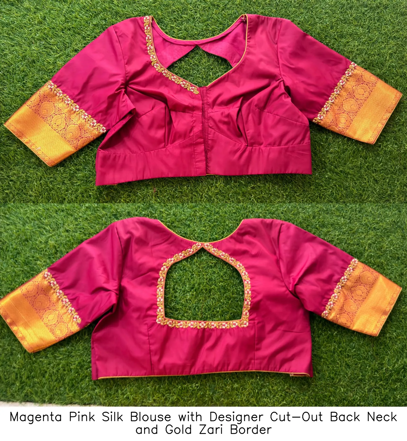 Magenta Pink Silk Blouse with Designer Cut-Out Back Neck and Gold Zari Border